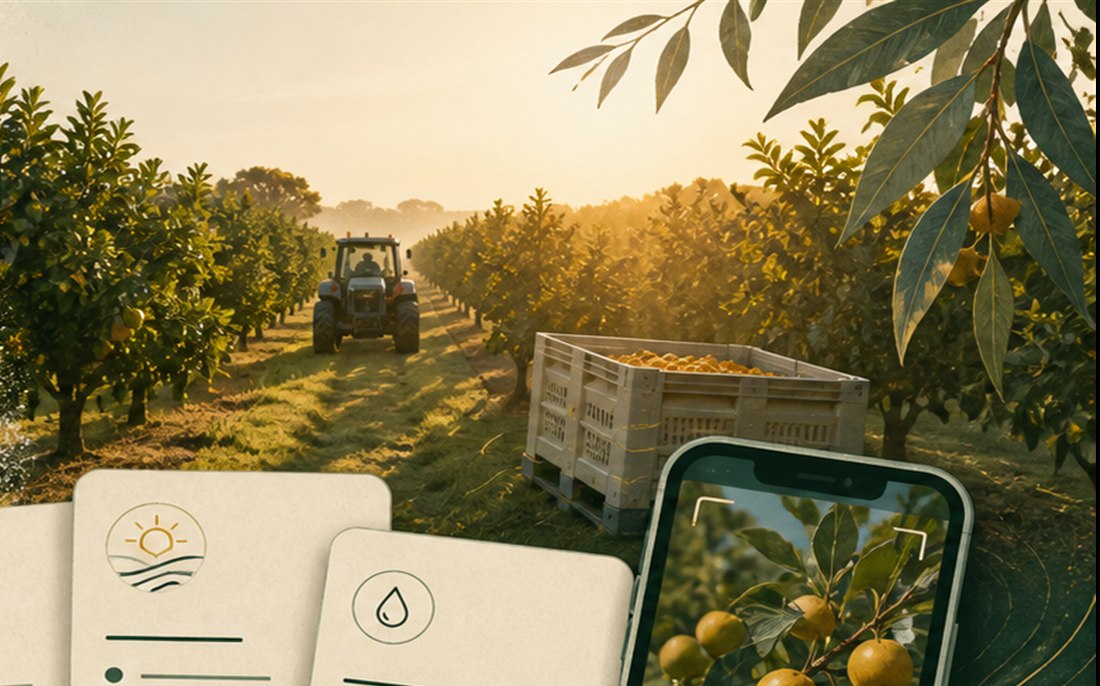 Sunlit orchard rows with farm equipment